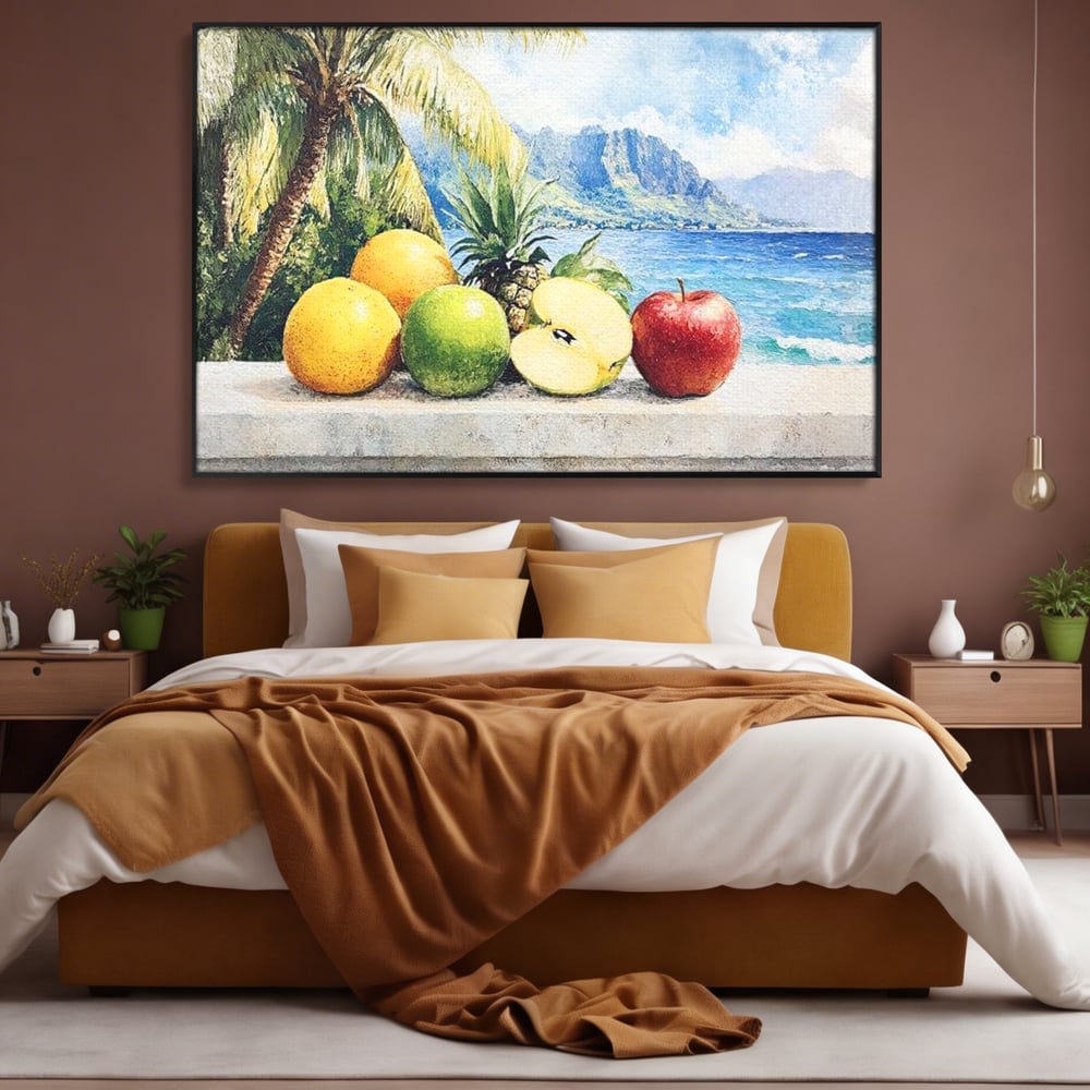 Tablou canvas cu natura moarta cu fructe tropicale si ocean, in rama de aluminiu negru, pe perete intr-un dormitor